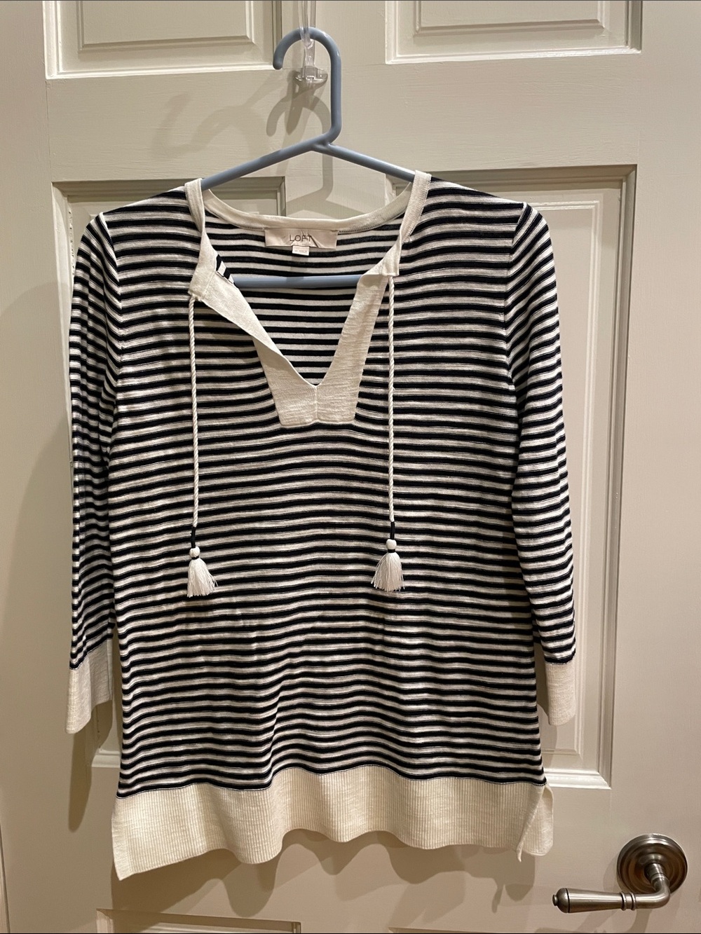 Loft Cream and Black Stripe Tunic with Fringe Tie Size XS